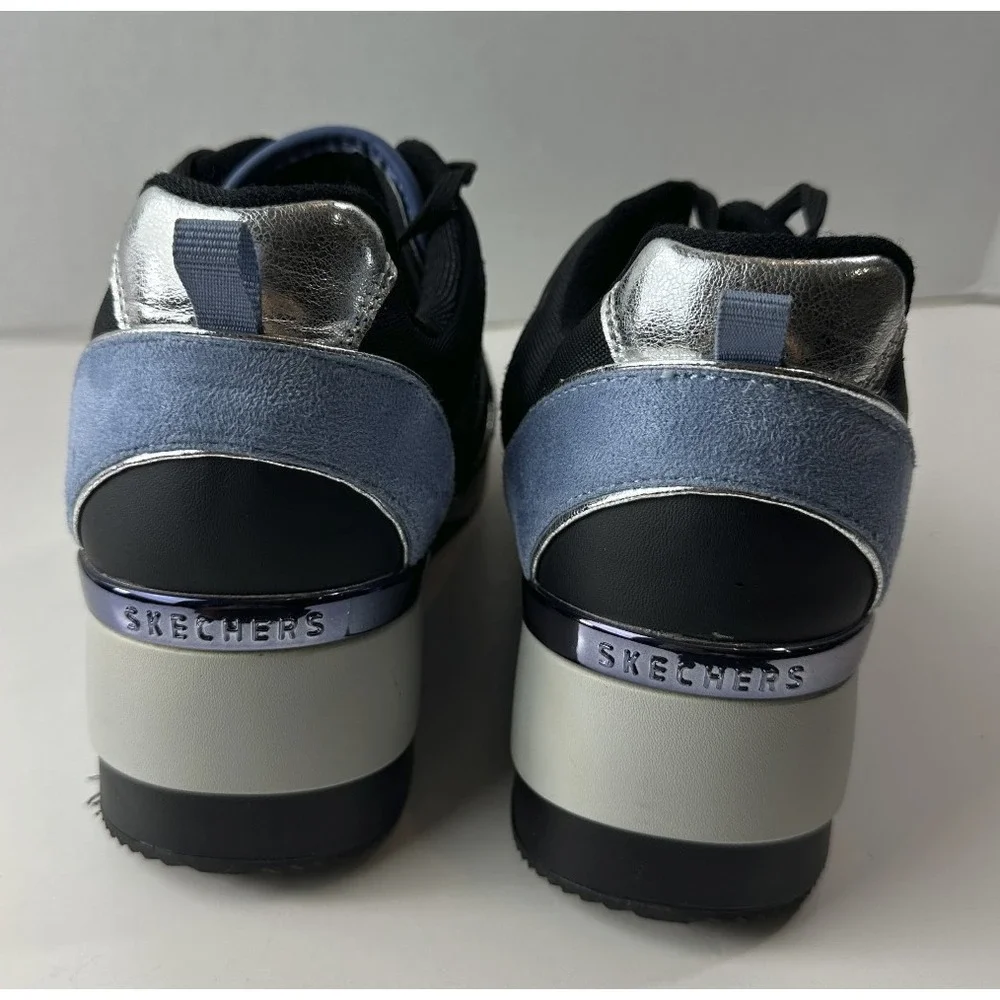 Skechers Million High N Fly Wedge Sneakers Women's Size 11 Black Blue Lace Shoes - Picture 7 of 15